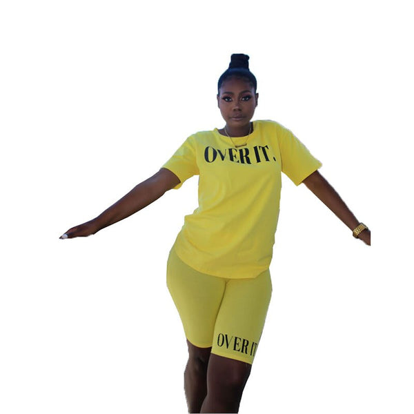 2020 Two Pieces Set Women Tracksuits Summer Clothes Top Biker Shorts Set Letter Print Knee Fitness Jogging Femme Ensemble