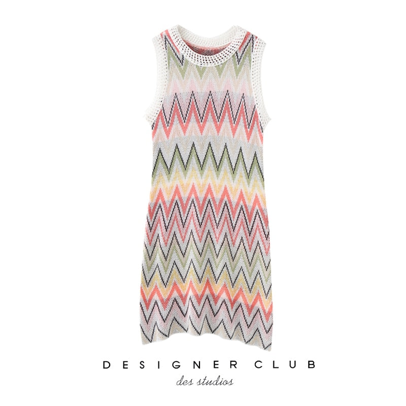 DEAT 2020 New Summer Fashion Streetwear Patchwork O Neck Sleeveless Striped Clothes High Waist Dress Women SE408