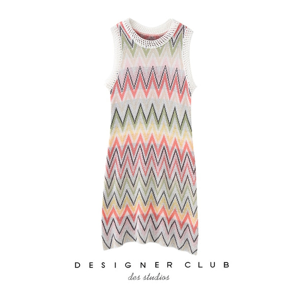 DEAT 2020 New Summer Fashion Streetwear Patchwork O Neck Sleeveless Striped Clothes High Waist Dress Women SE408