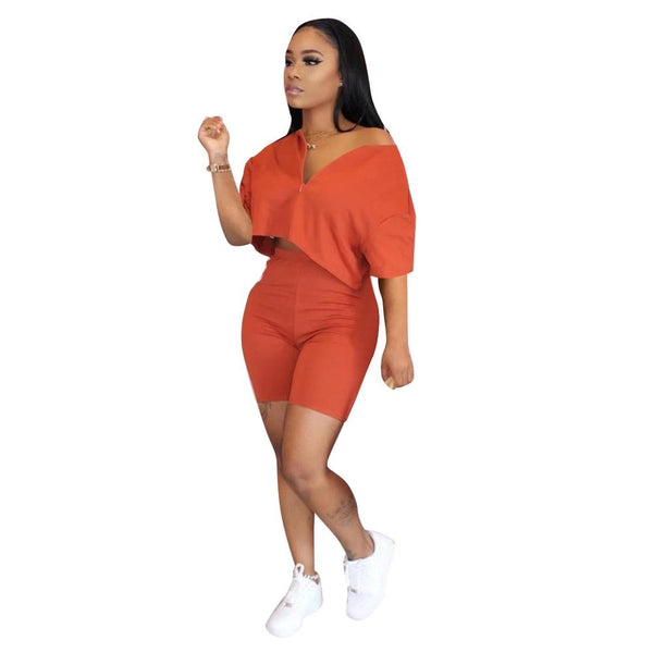 Pure Color Two Piece Set Women Tracksuit Summer Clothes Short Sleeve Crop Top Biker Shorts Lounge Set Dresy Damskie 2020