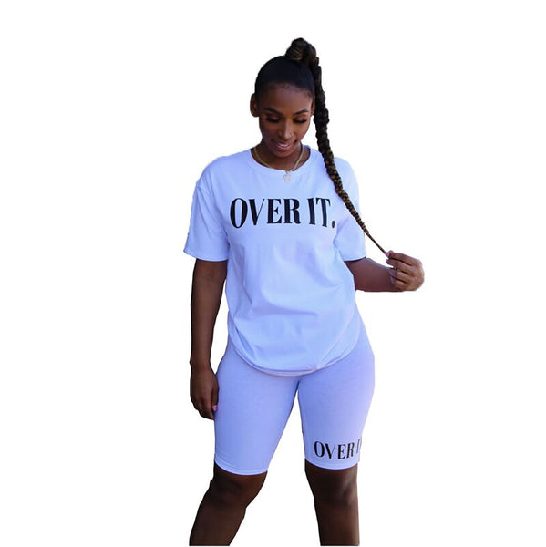 2020 Two Pieces Set Women Tracksuits Summer Clothes Top Biker Shorts Set Letter Print Knee Fitness Jogging Femme Ensemble