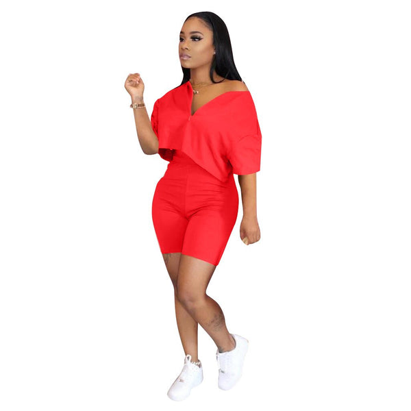 Pure Color Two Piece Set Women Tracksuit Summer Clothes Short Sleeve Crop Top Biker Shorts Lounge Set Dresy Damskie 2020