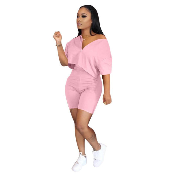 Pure Color Two Piece Set Women Tracksuit Summer Clothes Short Sleeve Crop Top Biker Shorts Lounge Set Dresy Damskie 2020