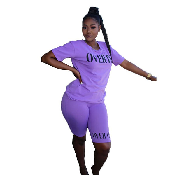 2020 Two Pieces Set Women Tracksuits Summer Clothes Top Biker Shorts Set Letter Print Knee Fitness Jogging Femme Ensemble