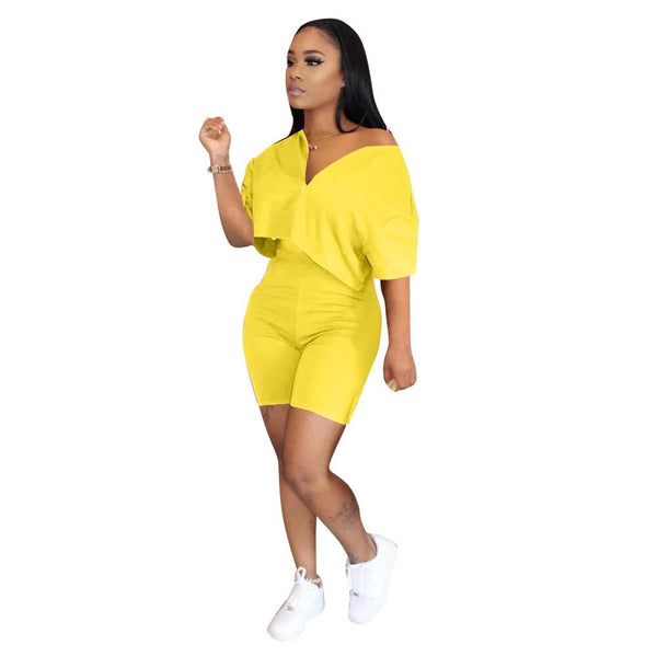 Pure Color Two Piece Set Women Tracksuit Summer Clothes Short Sleeve Crop Top Biker Shorts Lounge Set Dresy Damskie 2020