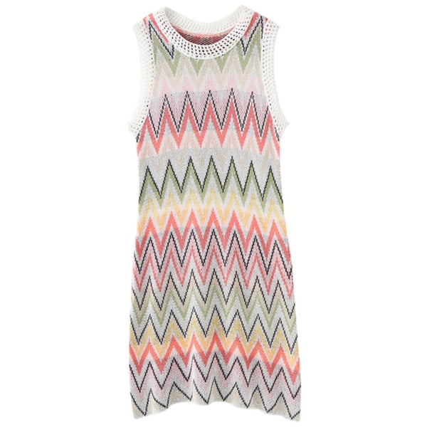DEAT 2020 New Summer Fashion Streetwear Patchwork O Neck Sleeveless Striped Clothes High Waist Dress Women SE408
