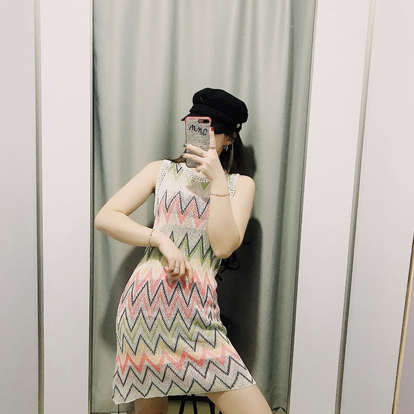 DEAT 2020 New Summer Fashion Streetwear Patchwork O Neck Sleeveless Striped Clothes High Waist Dress Women SE408