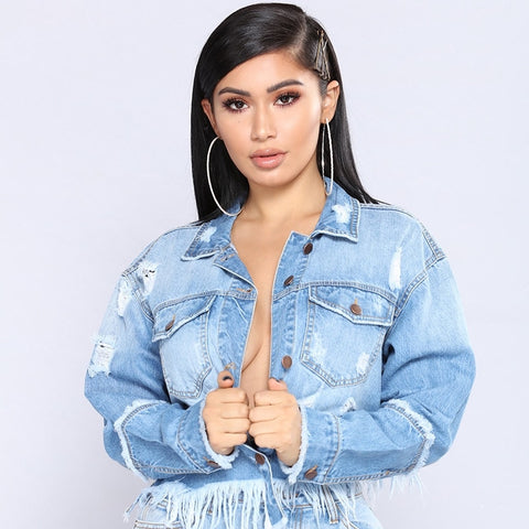 2020 Sexy tassel Denim Jackets Women Hole Boyfriend Style Long Sleeve Vintage Jean jacket Denim Loose Autumn Denim Coat Jean
