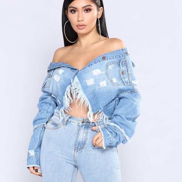 2020 Sexy tassel Denim Jackets Women Hole Boyfriend Style Long Sleeve Vintage Jean jacket Denim Loose Autumn Denim Coat Jean