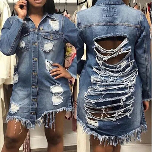 2020 Fashion Autumn Sexy Hole Tassel Female Demin Jeans Jacket Women Loose Long Jacket Outerwear Coat Casaco Feminino Streetwear