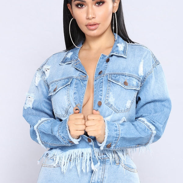 2020 Sexy tassel Denim Jackets Women Hole Boyfriend Style Long Sleeve Vintage Jean jacket Denim Loose Autumn Denim Coat Jean