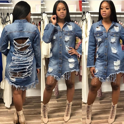 2020 Fashion Autumn Sexy Hole Tassel Female Demin Jeans Jacket Women Loose Long Jacket Outerwear Coat Casaco Feminino Streetwear