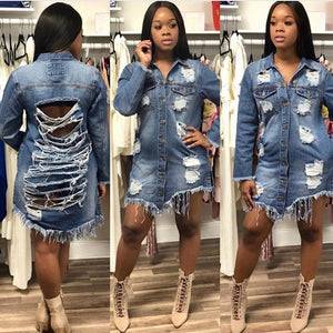 2020 Fashion Autumn Sexy Hole Tassel Female Demin Jeans Jacket Women Loose Long Jacket Outerwear Coat Casaco Feminino Streetwear