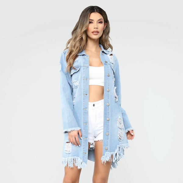 2020 Fashion Autumn Sexy Hole Tassel Female Demin Jeans Jacket Women Loose Long Jacket Outerwear Coat Casaco Feminino Streetwear