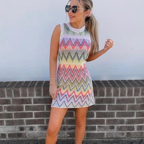 DEAT 2020 New Summer Fashion Streetwear Patchwork O Neck Sleeveless Striped Clothes High Waist Dress Women SE408