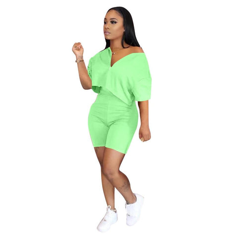 Pure Color Two Piece Set Women Tracksuit Summer Clothes Short Sleeve Crop Top Biker Shorts Lounge Set Dresy Damskie 2020