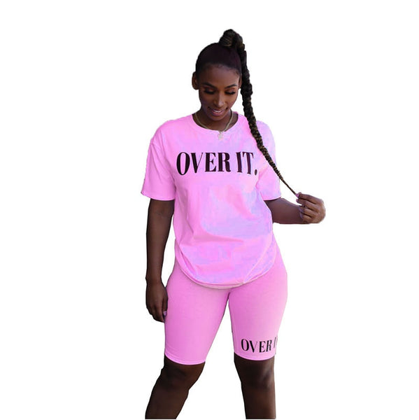 2020 Two Pieces Set Women Tracksuits Summer Clothes Top Biker Shorts Set Letter Print Knee Fitness Jogging Femme Ensemble